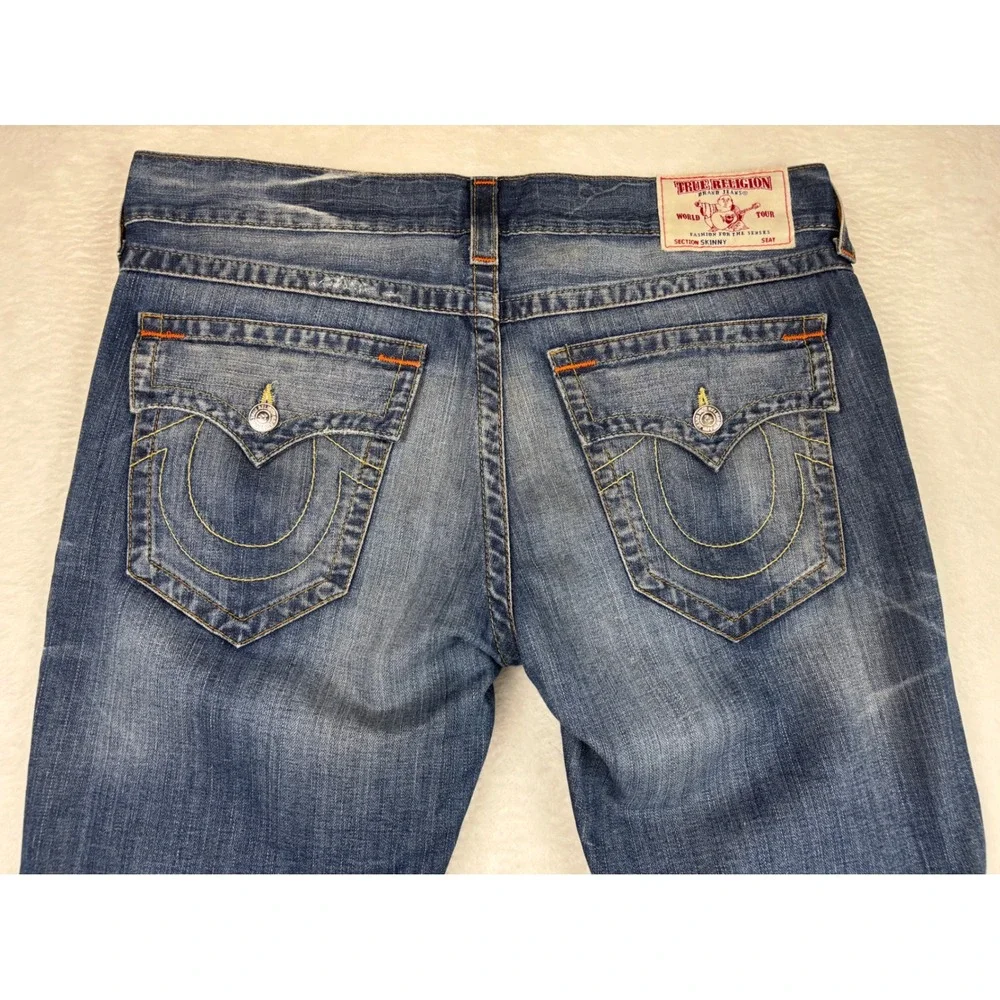 True Religion Men's 36x36 Jeans Dark Skinny Washed Distressed Denim